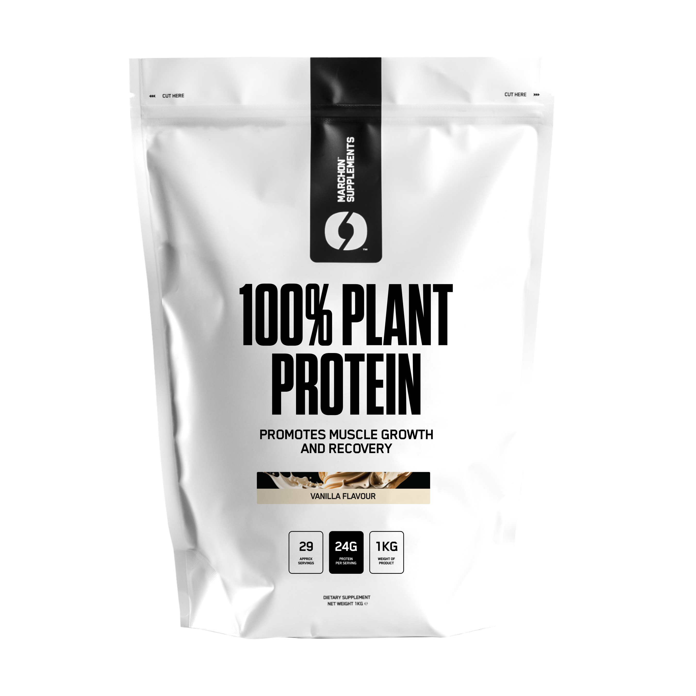 A sealed pouch of MARCHON 100% vanilla Plant Based Protein powder.