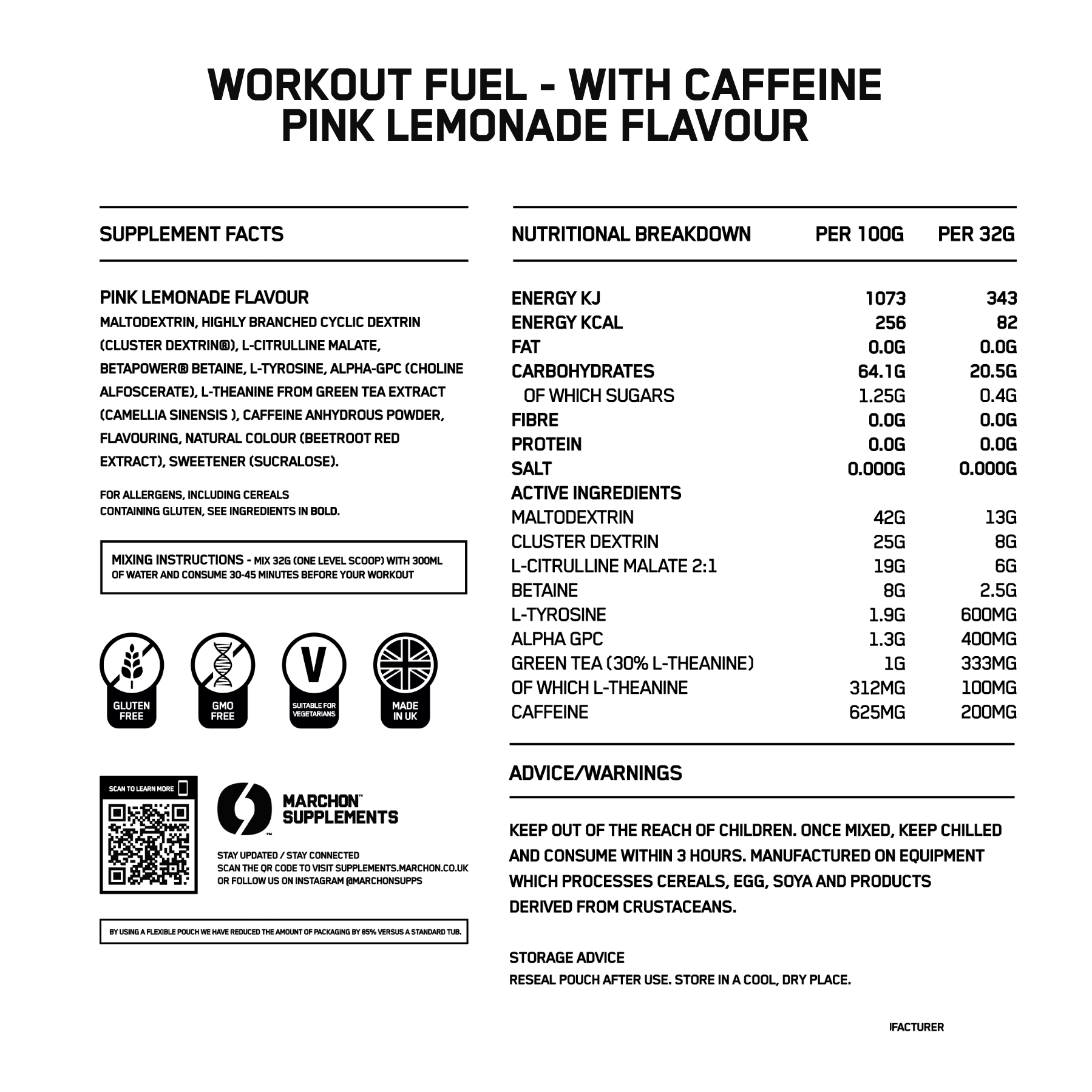 The nutritional label for pink lemonade workout fuel