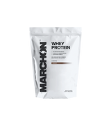 A container of MARCHON Chocolate Whey Protein powder.