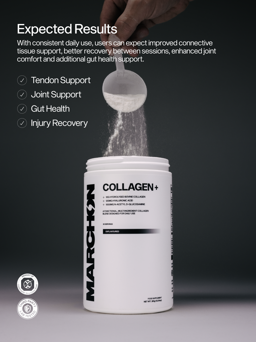 Collagen powder being poured from a scoop into a container labeled 'Marchon Collagen+'. 