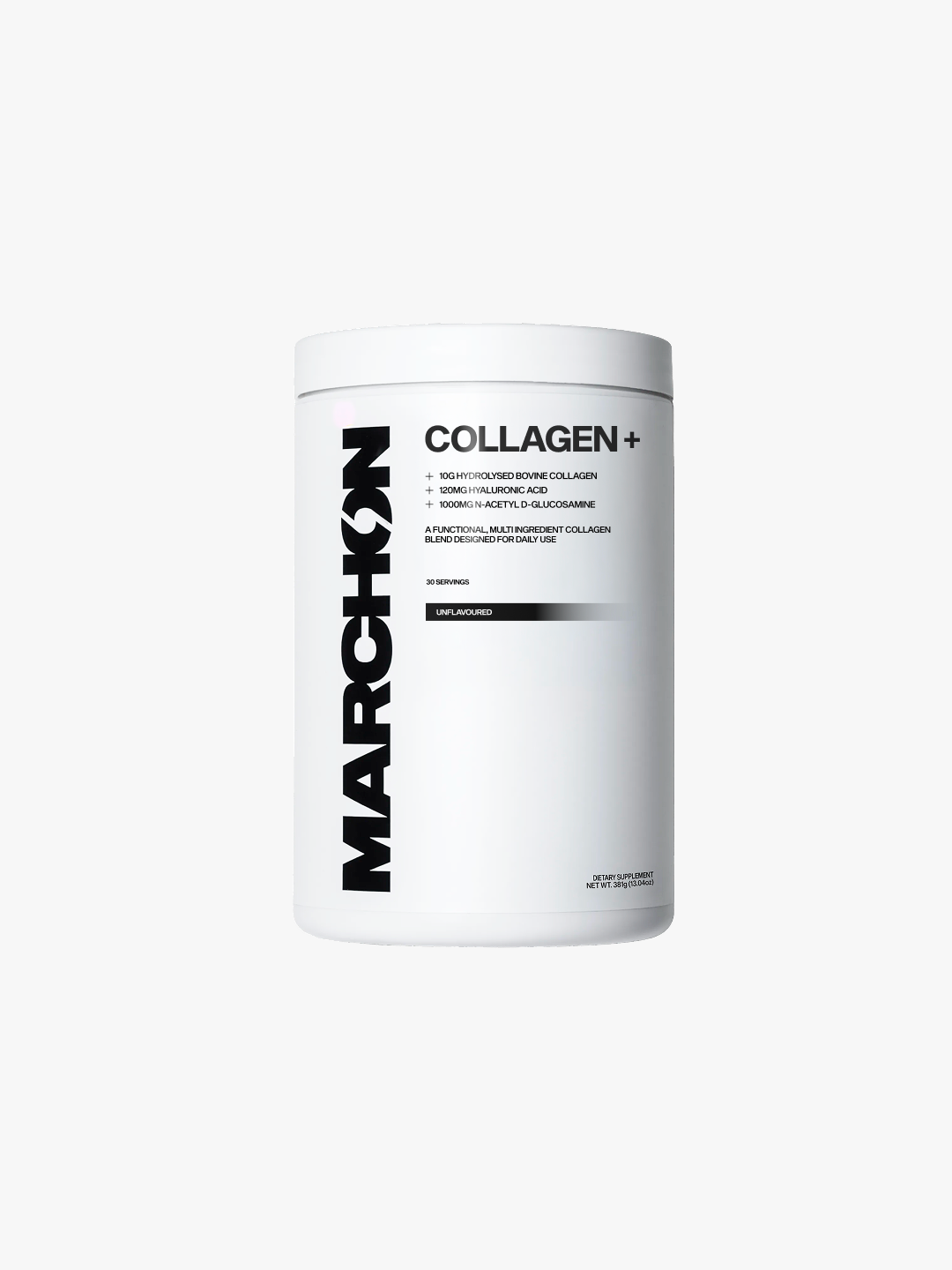 White container of Marchon Collagen+ on a white background
