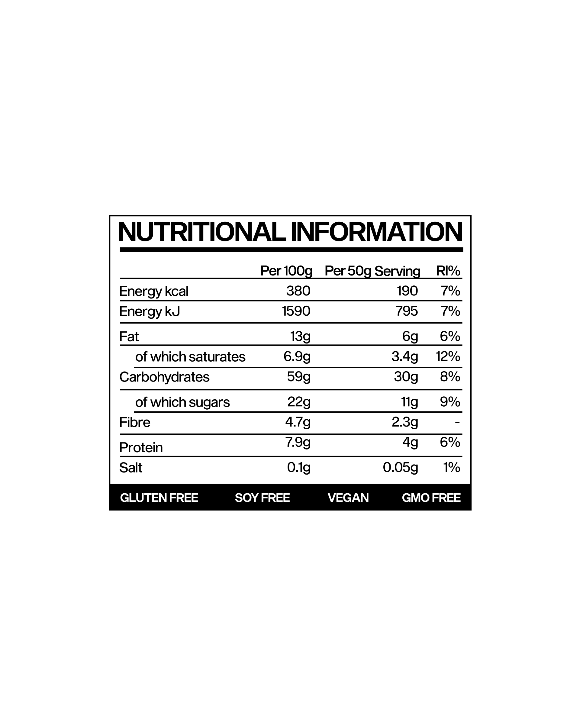 Back label of the fuel bar 30 containing the nutritional information of the natural oat energy bar