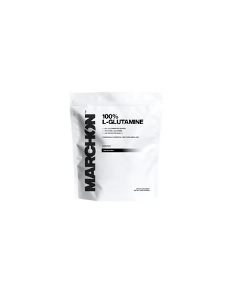 A white packet of MARCHON 100% L-Glutamine supplement against a black background.