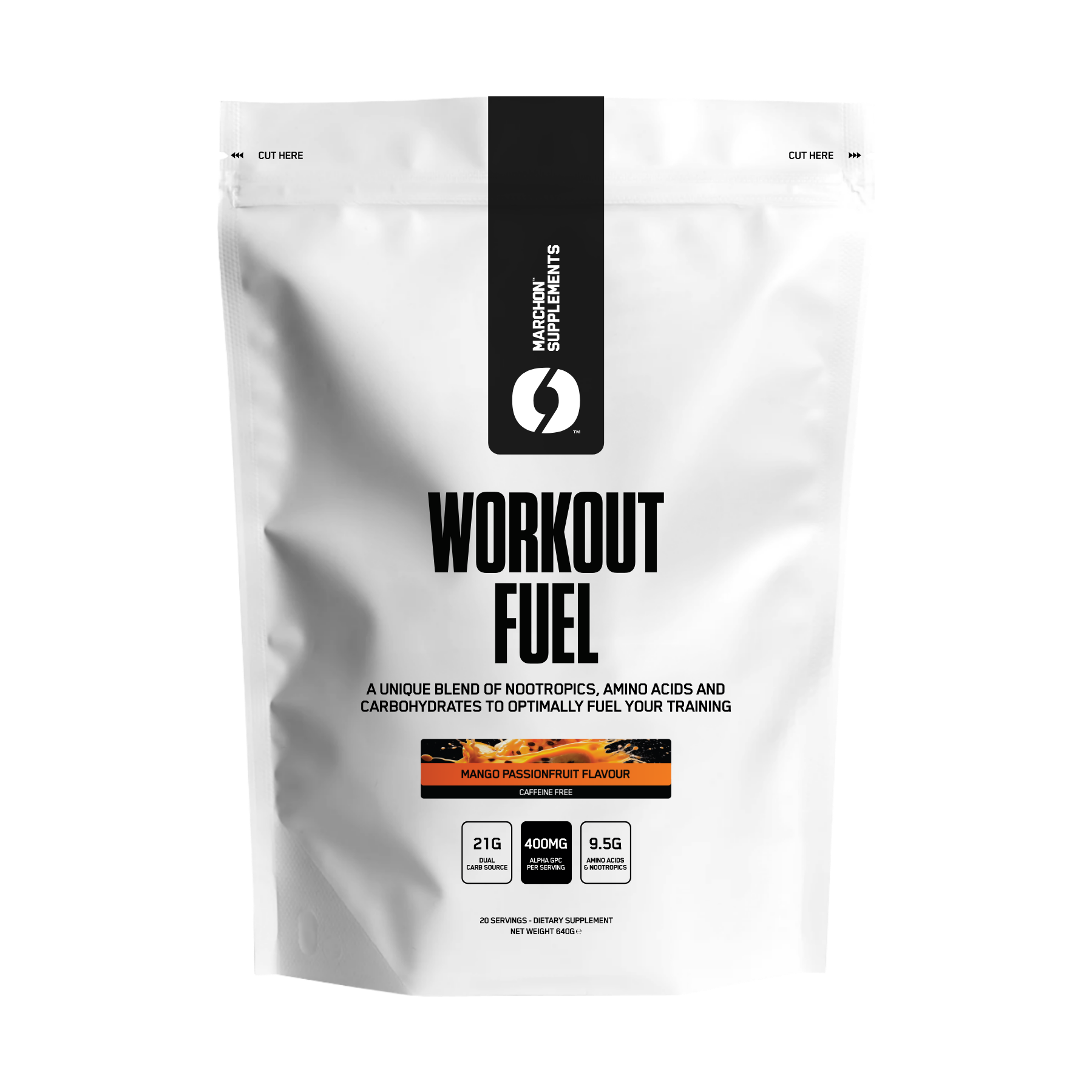 A white package of Mango Passionfruit Workout Fuel supplement powder caffeine free.