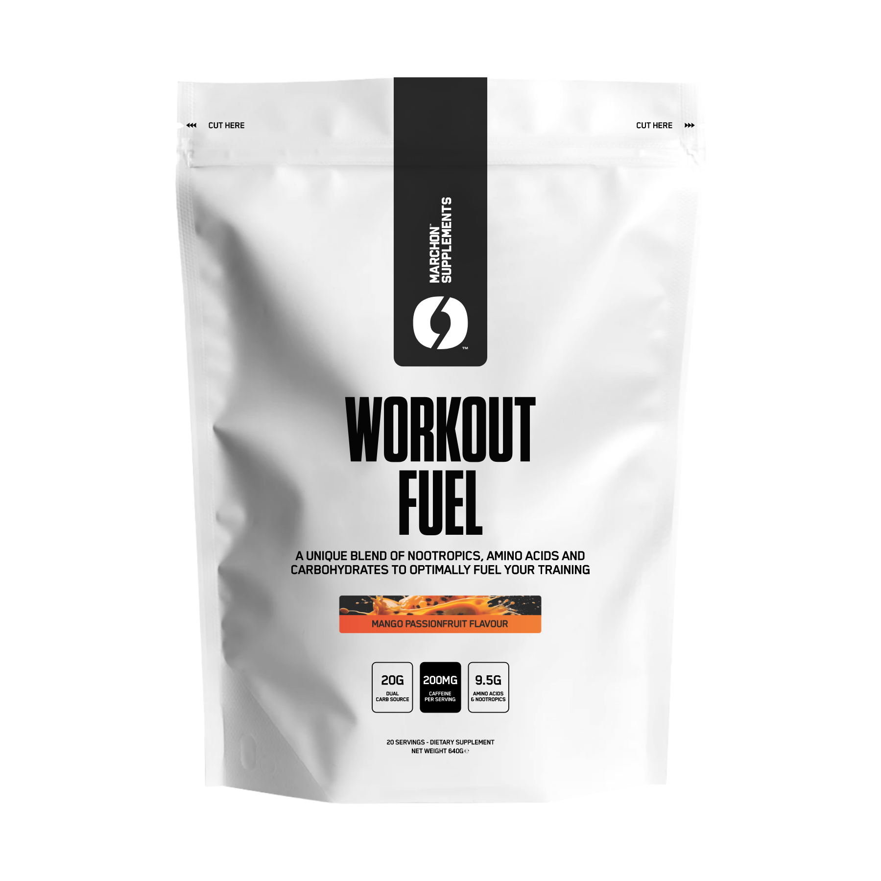 White packet of mango passionfruit workout fuel