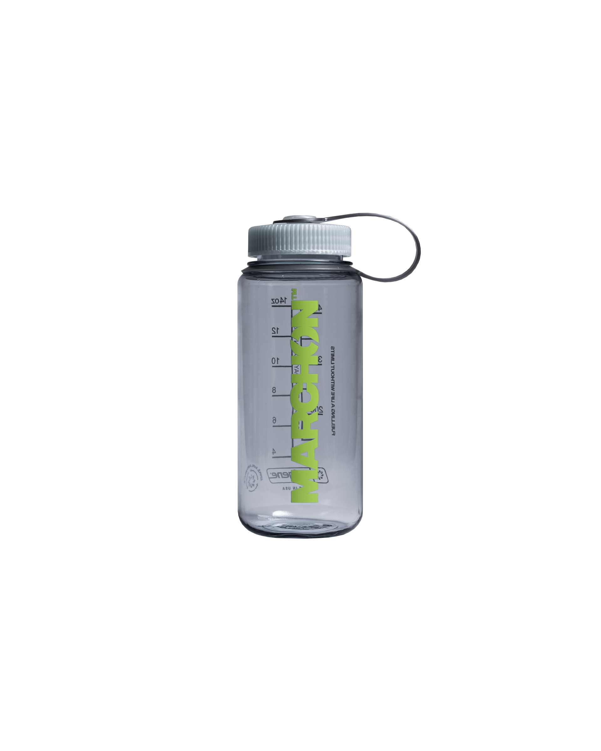 A clear Nalgene mini bottle with green measurement markings and a blue cap, featuring a MARCHON label.