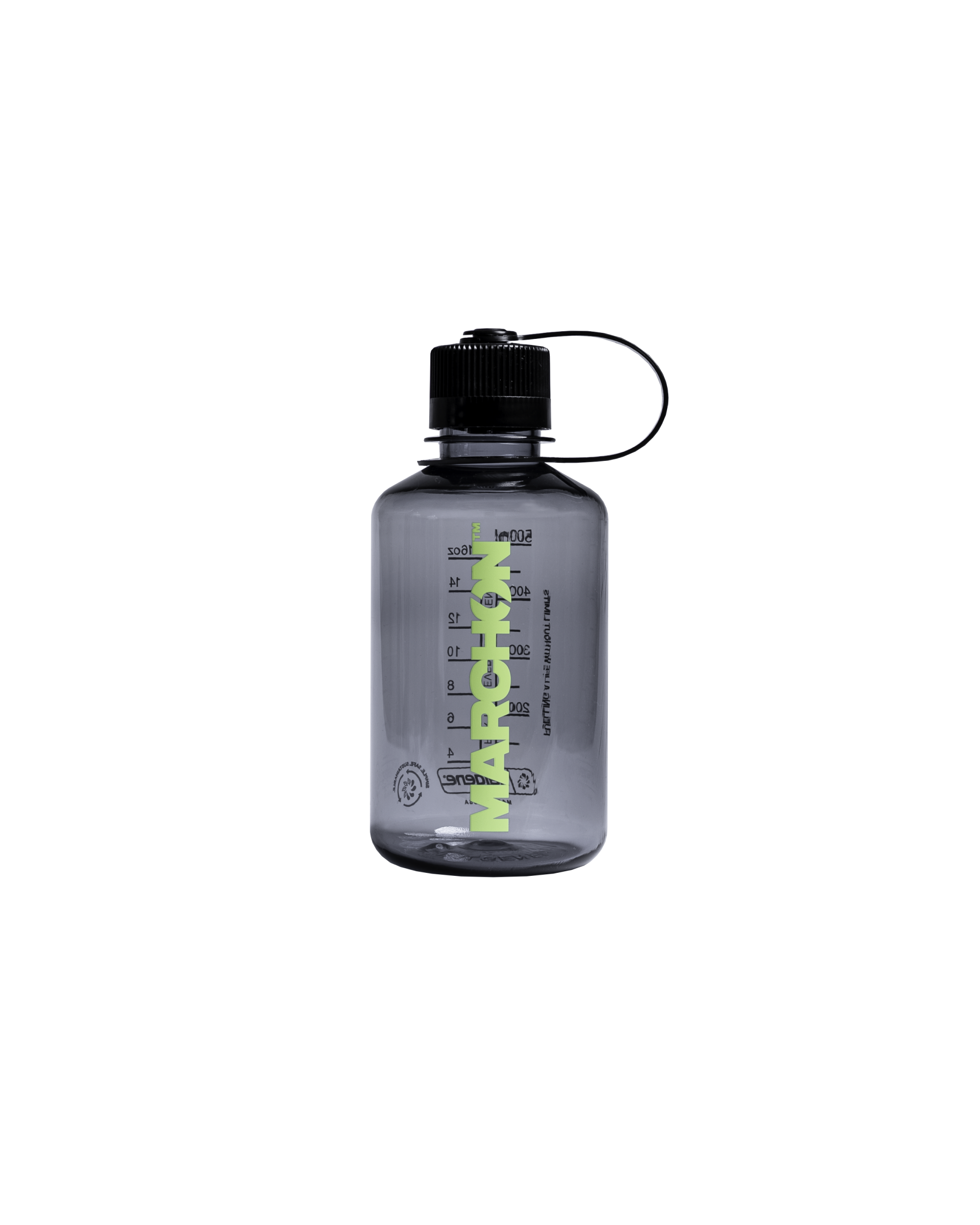 A clear Nalgene water bottle 500ml with green text and detailing, featuring a carabiner clip.