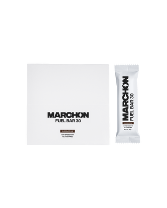 Image of the box of MARCHON's natural oat energy bar, the Fuel Bar 30