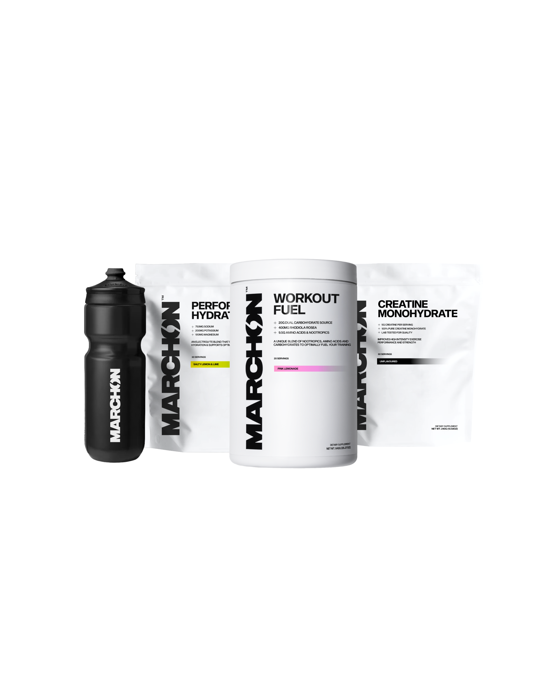 Collection of Marchon sports nutrition products which are Ollies Daily Workout Bundle
