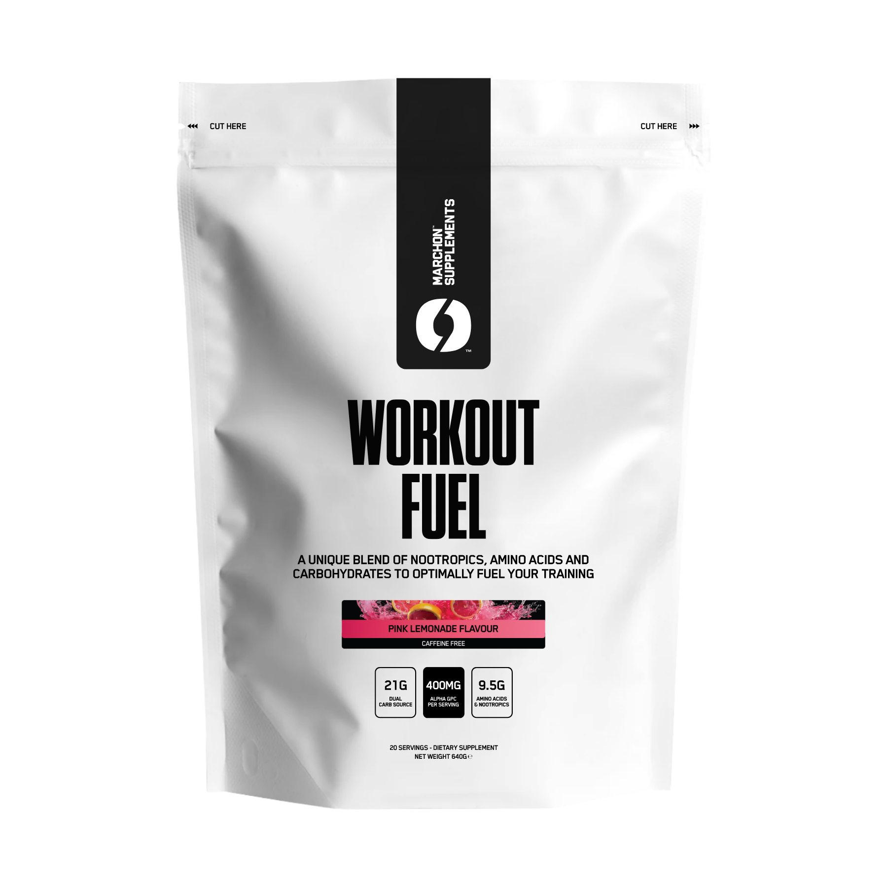 A white package of Pink Lemonade Workout Fuel supplement powder.