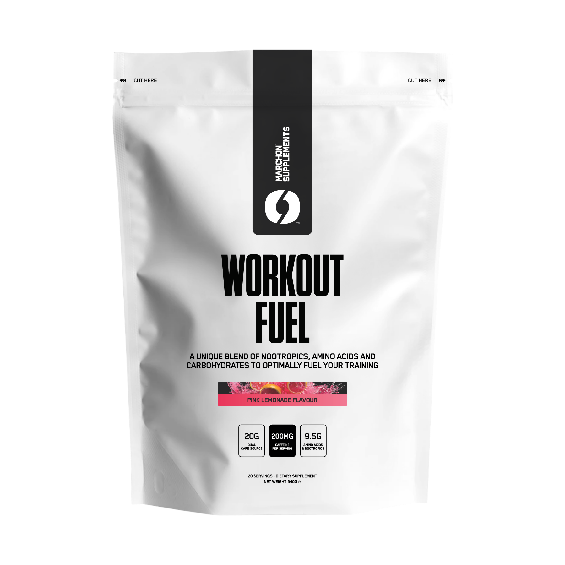 A white packet of the pink lemonade Workout Fuel supplement.