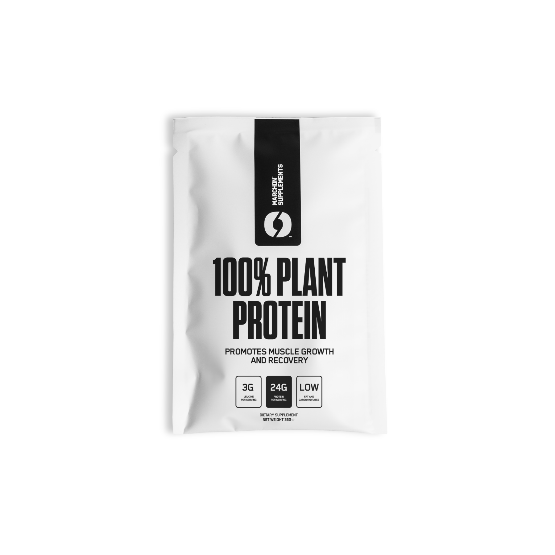 A plant based protein powder sample sachet from MARCHON.