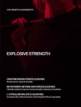 MARCHON pre-workout product advertisement for explosive strength with key pre-workout benefits and ingredients listed.