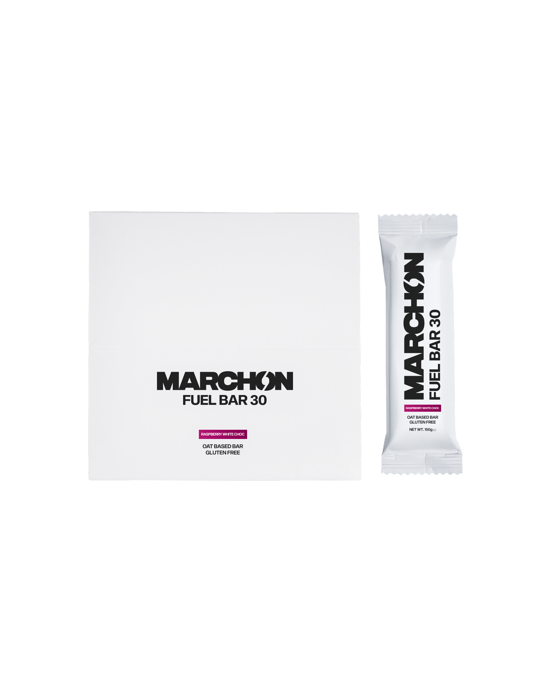 Two of Marchon's raspberry oat bars - Fuel Bar 30 packets on a white background