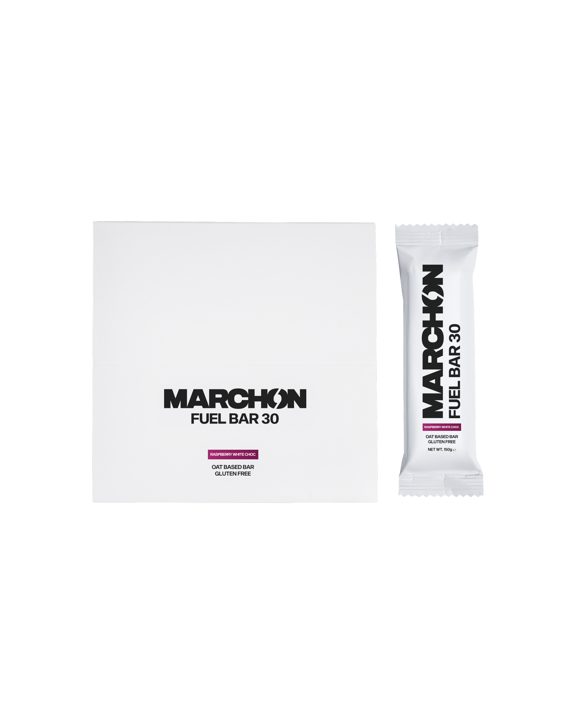 Two of Marchon's raspberry oat bars - Fuel Bar 30 packets on a white background