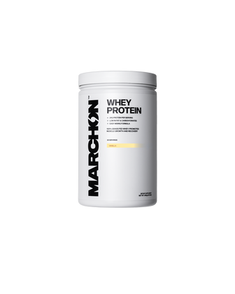 Container of Marchon Vanilla whey protein powder on a white background